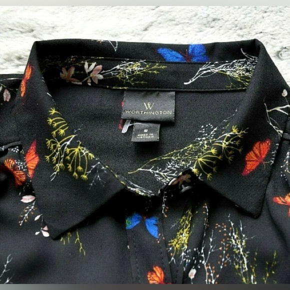 Worthington Women Black Multi Butterflies Flowers Long Sleeve Shirt Blouse, Sz S - Picture 4 of 7